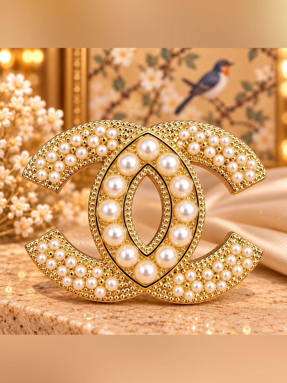 Pearl Statement Brooch Gold Tone Beaded Double C Fashion Pin Fifi’Closet